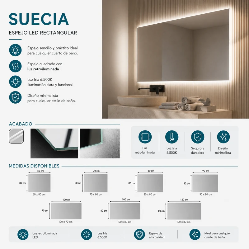 Espejo de baño rectangular Suecia Ledimex