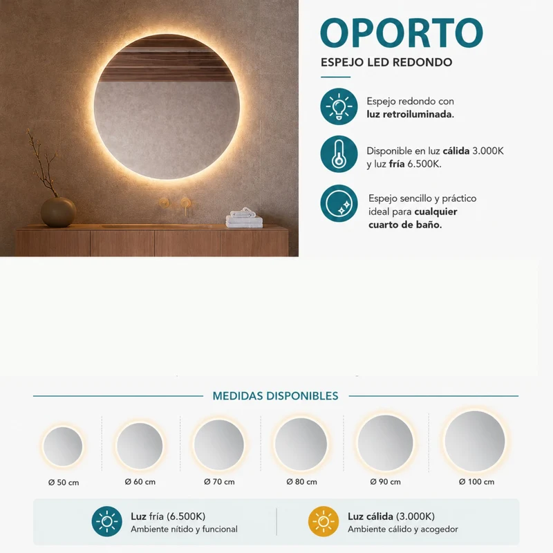 Espejo de baño redondo luz cálida Oporto C Ledimex