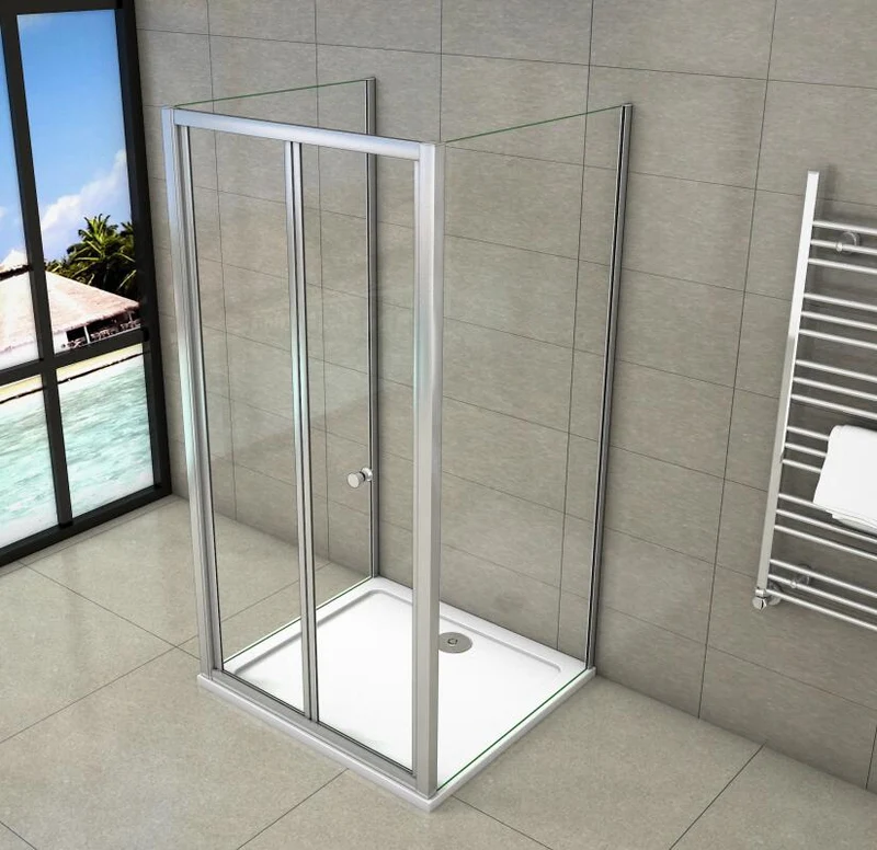 Mampara de ducha cuadrada con puerta plegable, una puerta plegable + 2 paneles laterales, vidrio templado de transparente 5mm
