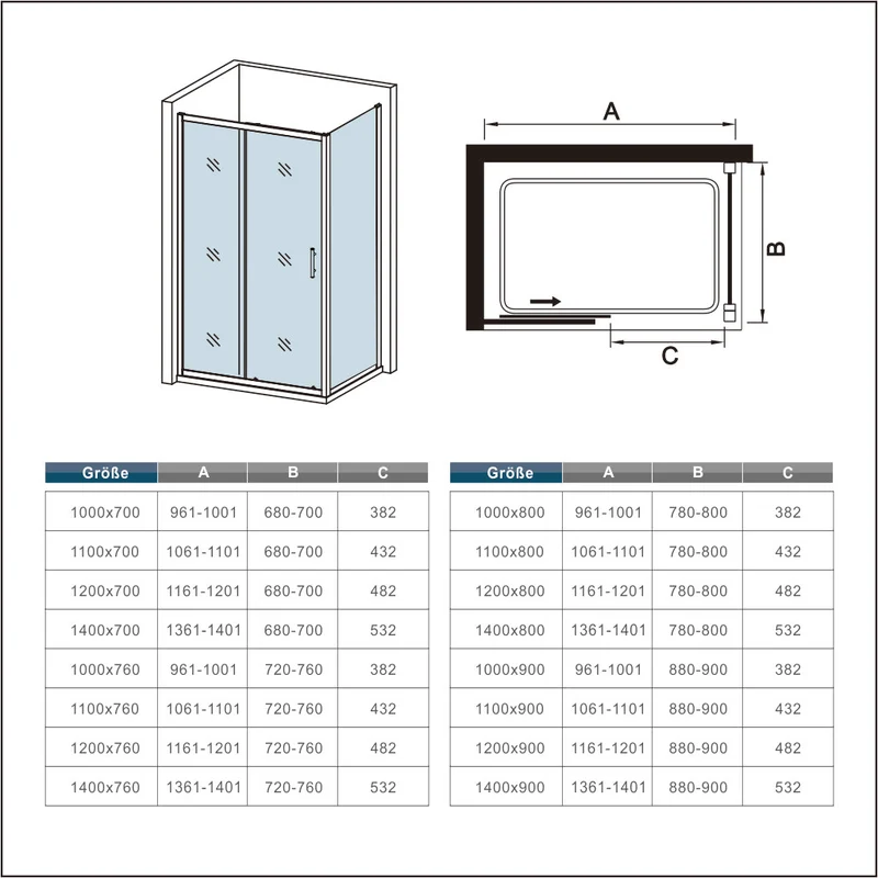 Cabina de Ducha Rectangular Puerta Corredera Cristal Templado 5 MM