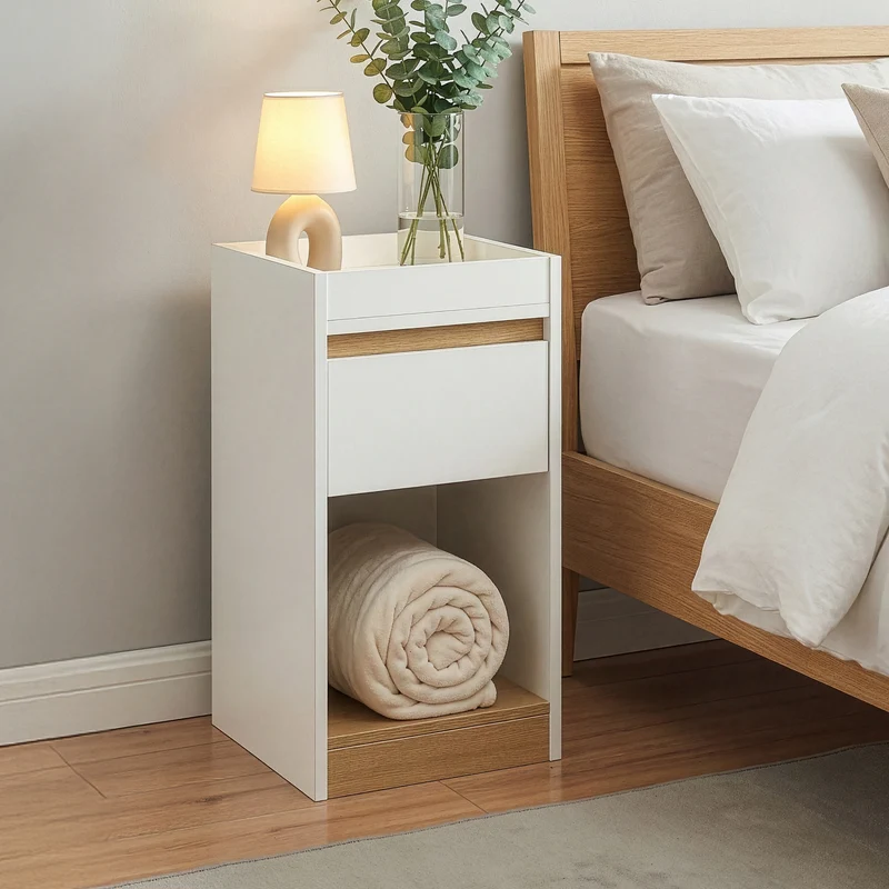 Mesita de noche Lure 55x30x35 cm Blanco/Aspecto roble [en.casa]