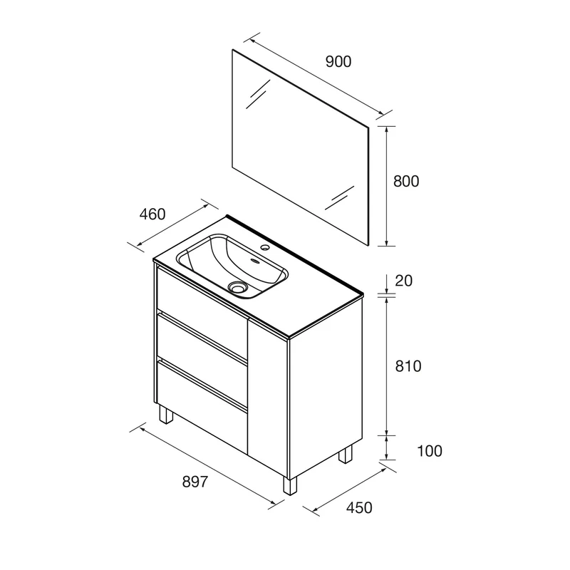 Conjunto mueble de baño Noja Salgar Con Patas y 3 cajones + Espejo