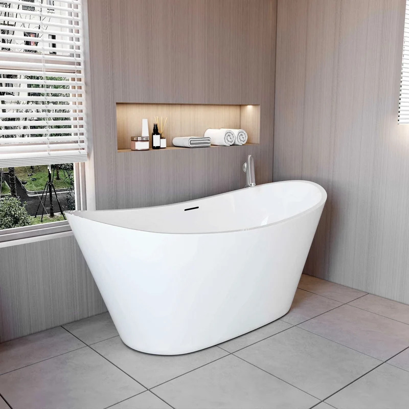 AICA Bañera acrílica exenta lujosa y duradera,1500x720x650mm,estilo ovalado,color blanco,incluye manguera + desagüe