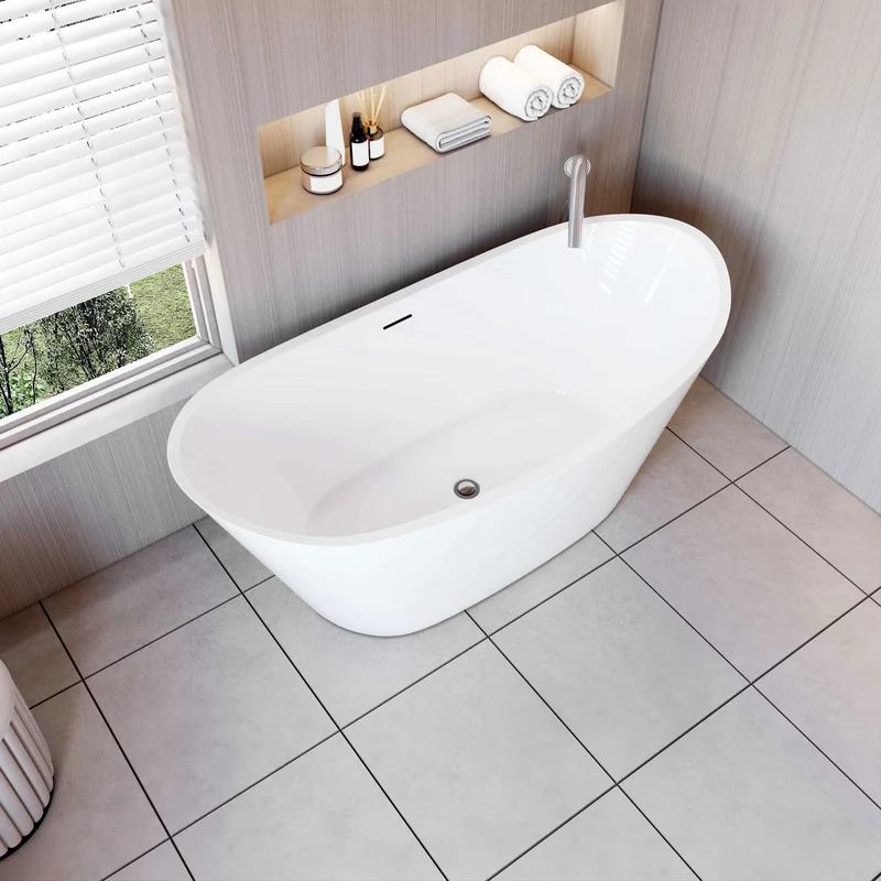 AICA Bañera acrílica exenta lujosa y duradera,1500x720x650mm,estilo ovalado,color blanco,incluye manguera + desagüe