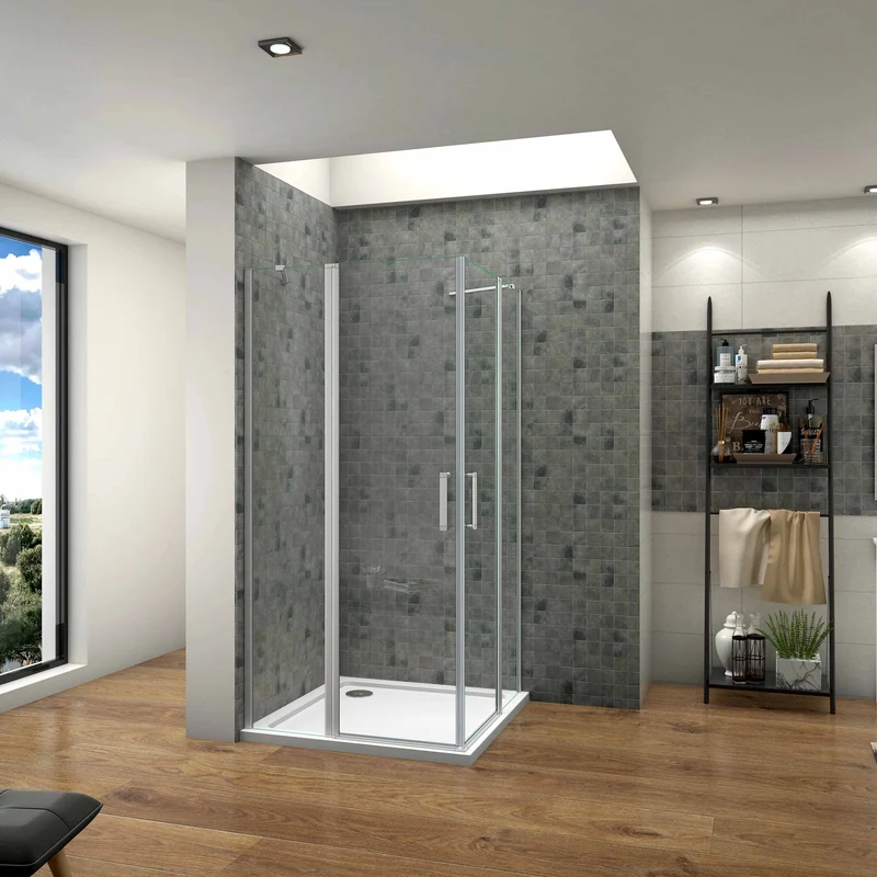 Mamparas Cabina de Ducha Esquina con acceso Angular Doble Puerta Abatible Perfil Gris mate Cristal Templado 5mm