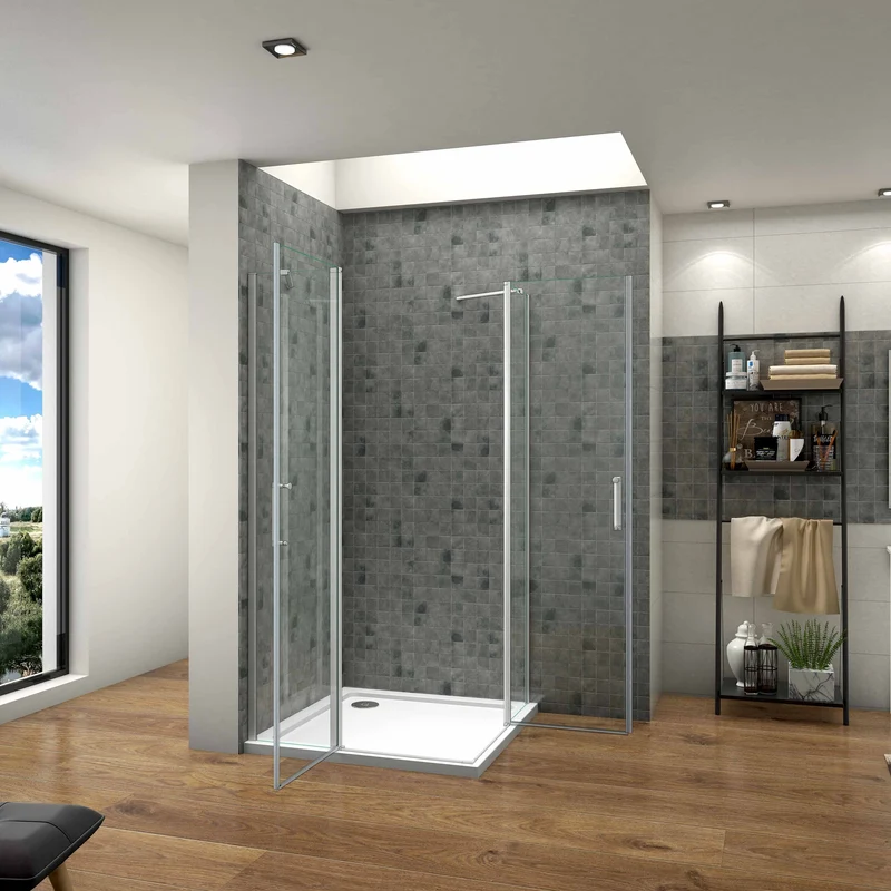 Mamparas Cabina de Ducha Esquina con acceso Angular Doble Puerta Abatible Perfil Gris mate Cristal Templado 5mm