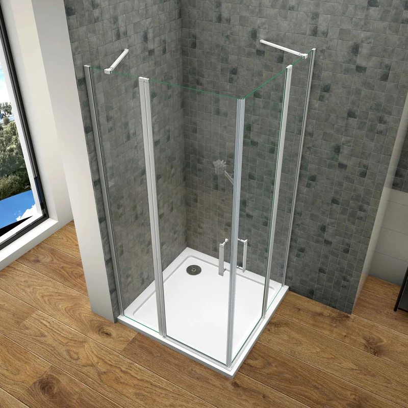 Mamparas Cabina de Ducha Esquina con acceso Angular Doble Puerta Abatible Perfil Gris mate Cristal Templado 5mm