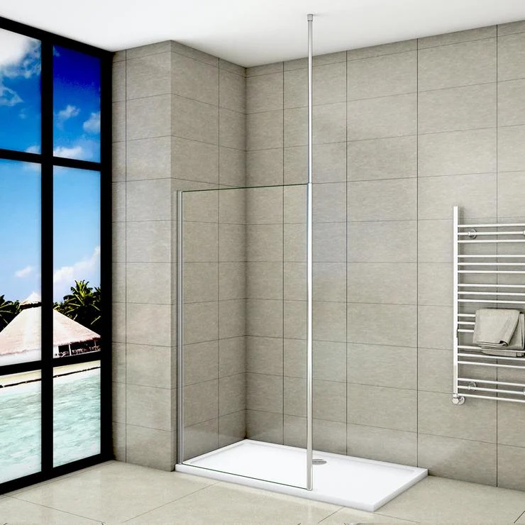 Mampara de ducha Panel Fijo con Barra a Techo, Cristal Templado Transparente Antical 8mm