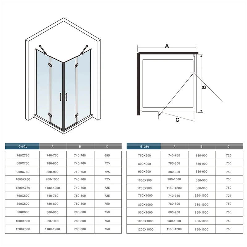 Mamparas de Ducha Angular Cabina de Ducha Doble Puerta Abatible Cristal Templado 6mm