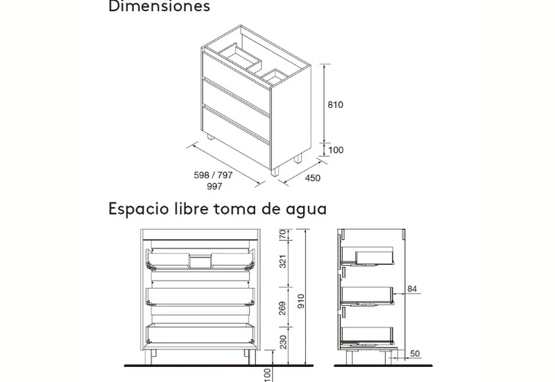 Conjunto mueble de baño 3 cajones con patas Noja Salgar