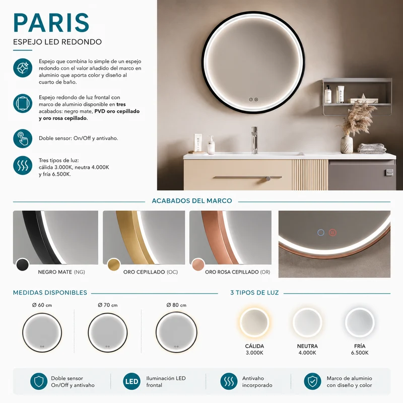 Espejo de baño redondo Paris Ledimex