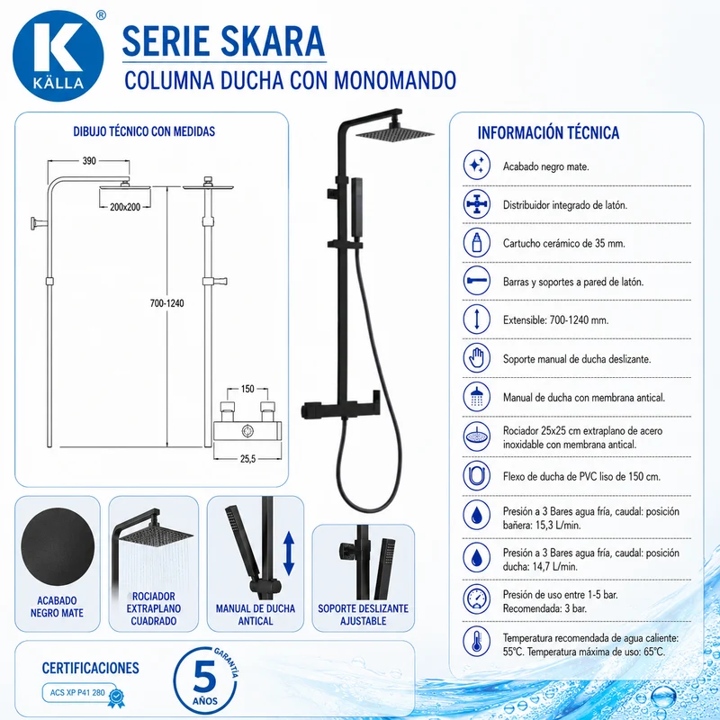 Columna de ducha Skara Monomando Negro