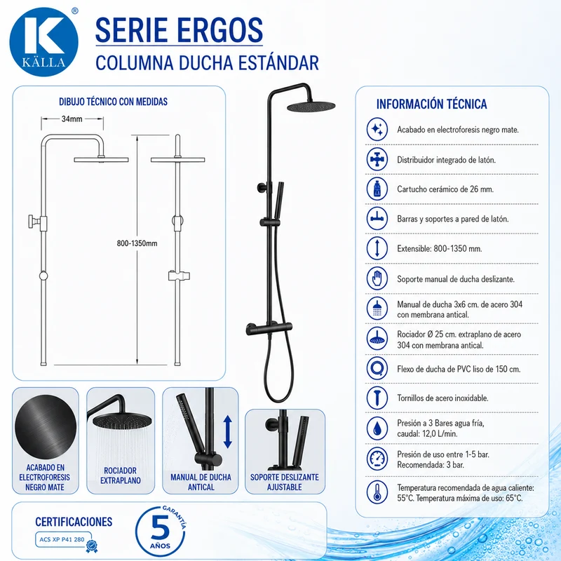 Columna de ducha Ergos Termostática Negro Mate
