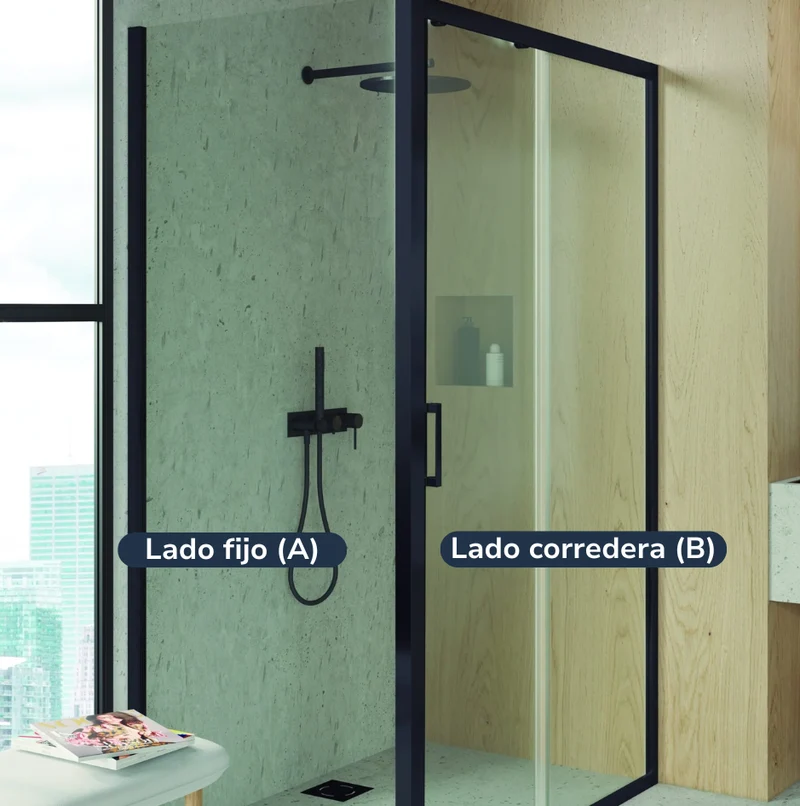 Mampara Essential Esquina Puerta corredera+pared fija Negra