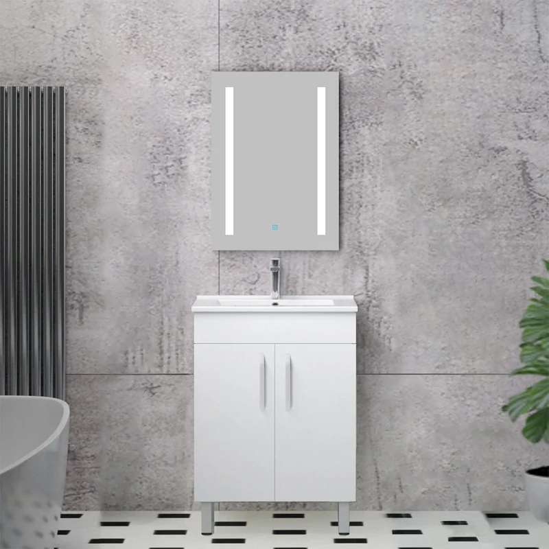Armario de Baño Color blanco + Lavamano de Cerámica + Espejo led 6000k Antivaho Interruptor Tactil