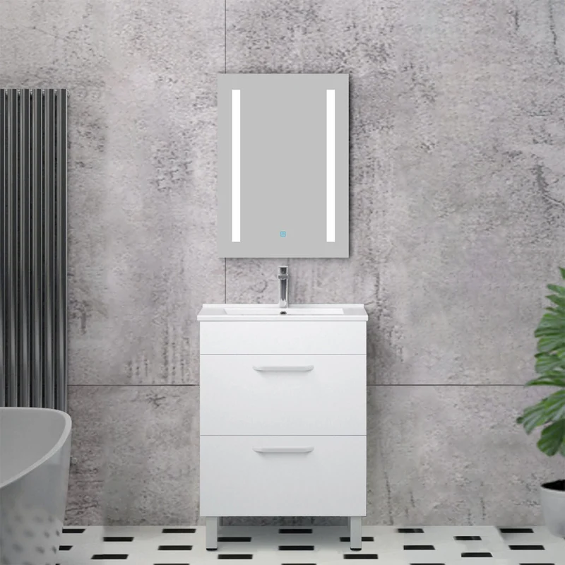 Armario de Baño Color blanco + Lavamano de Cerámica + Espejo led 6000k Antivaho Interruptor Tactil