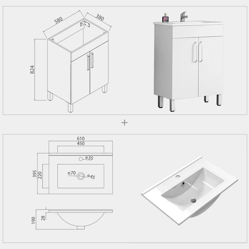 Armario de Baño Color blanco + Lavamano de Cerámica + Espejo led 6000k Antivaho Interruptor Tactil