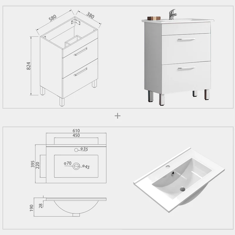 Armario de Baño Color blanco + Lavamano de Cerámica + Espejo led 6000k Antivaho Interruptor Tactil