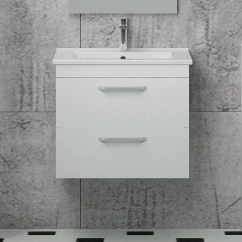 Armario de baño Sujetado en Pared sin Pies con dos cajones 580x380x500mm, Mueble de baño con Lavabo de Porcelana610x395x18mm, Color blanco