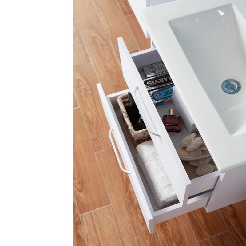Armario de baño Sujetado en Pared sin Pies con dos cajones 580x380x500mm, Mueble de baño con Lavabo de Porcelana610x395x18mm, Color blanco