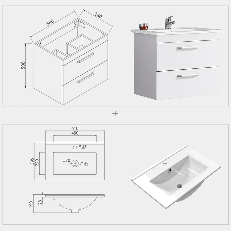 Armario de baño Sujetado en Pared sin Pies con dos cajones 580x380x500mm, Mueble de baño con Lavabo de Porcelana610x395x18mm, Color blanco