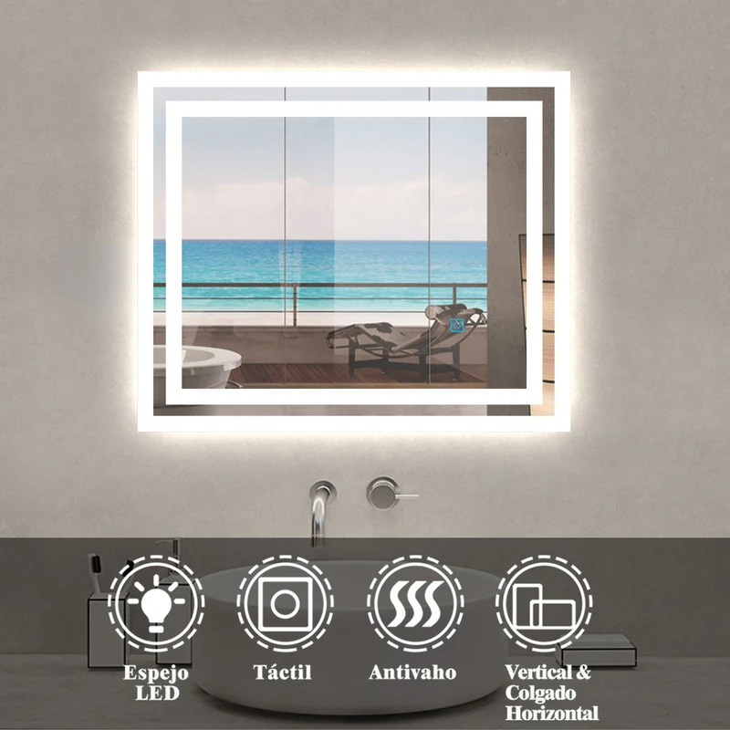 60×50CM Espejo de Baño con Lámpara LED Luz Espejo Interruptor Táctil con Antiniebla Montado en Pared