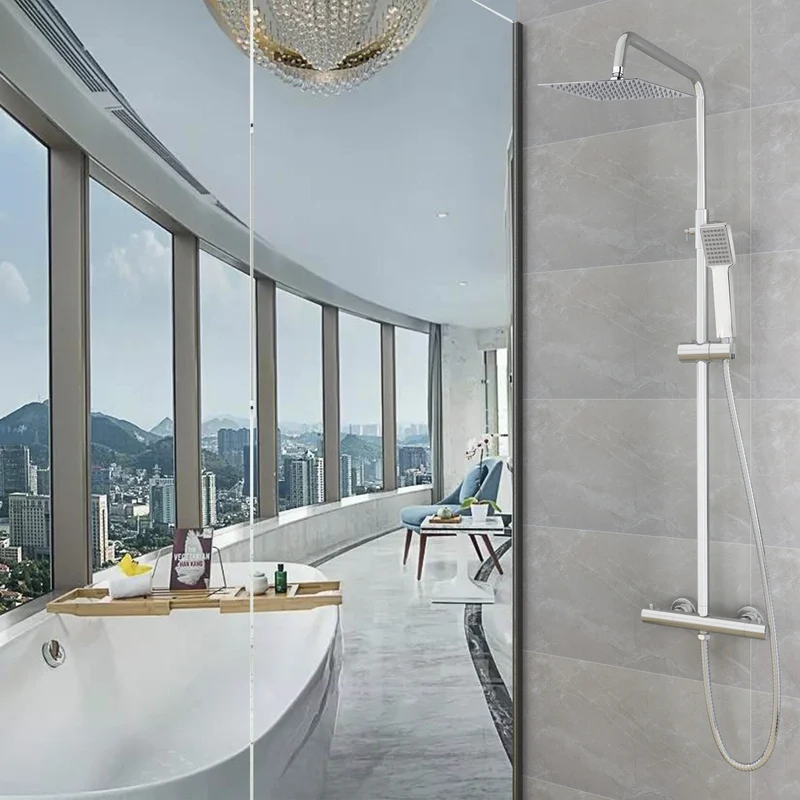 AICA Columna de Ducha con Termostato Cold touch, Barra Ajustable 80-116cm, Alcachofa Cuadrada
