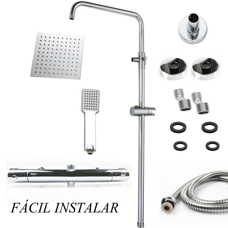 AICA Columna de Ducha con Termostato Cold touch, Barra Ajustable 80-116cm, Alcachofa Cuadrada