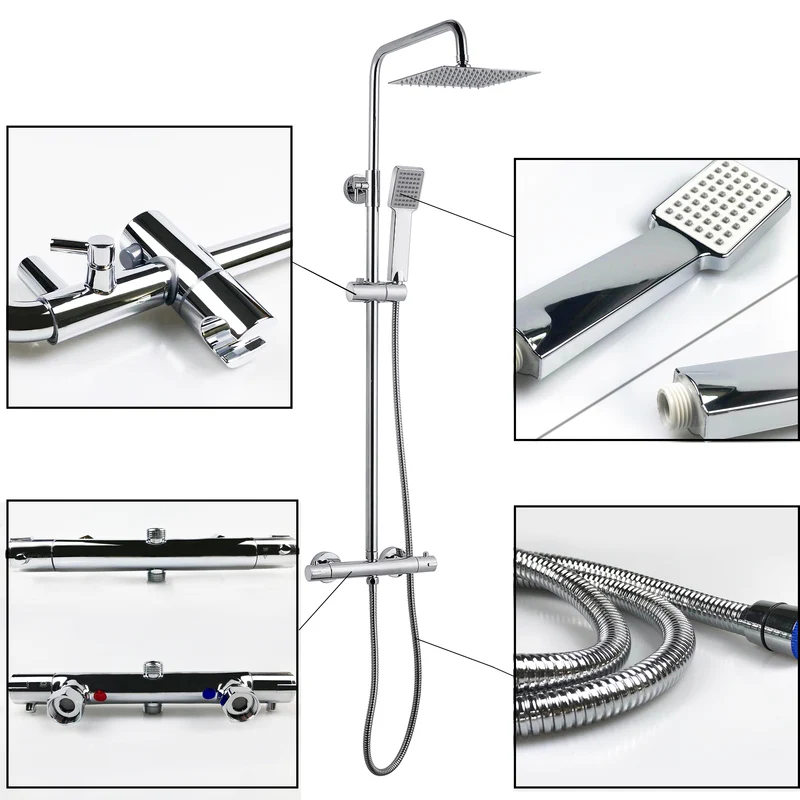 Aica Columna Ducha con Termostato, Alcachofa Lluvia, Barra Regulable 80-116cm, Plato Cromado de Acero Inoxidable, Ducha de Mano Cuadrada