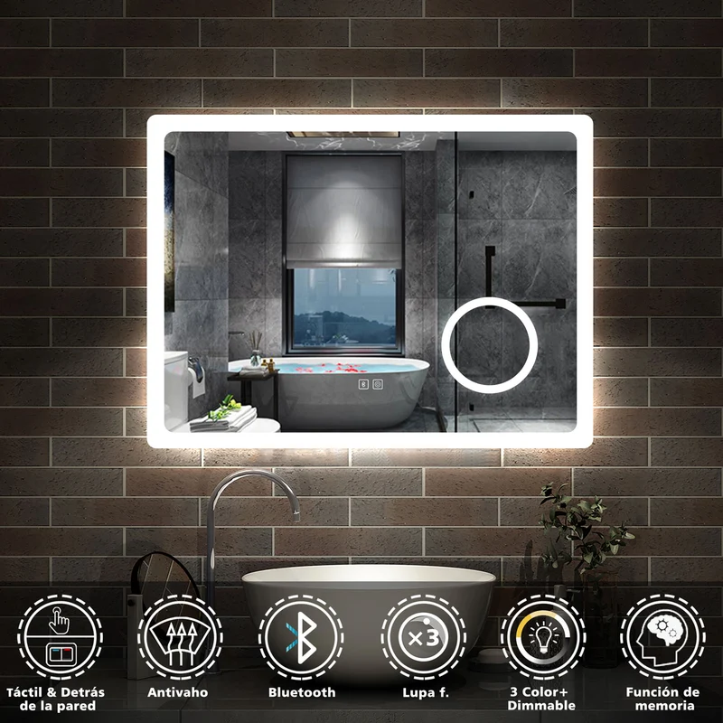 Aica Espejo de baño LED,Bluetooth,Espejo de aumento，Tricolor regulable