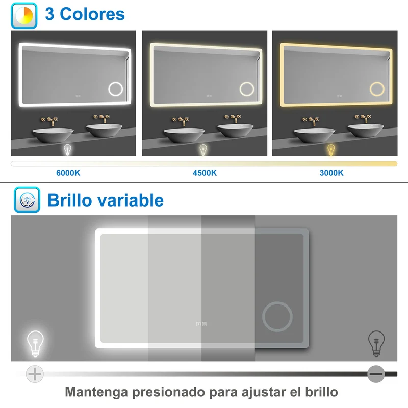 Aica Espejo de baño LED,Bluetooth,Espejo de aumento，Tricolor regulable