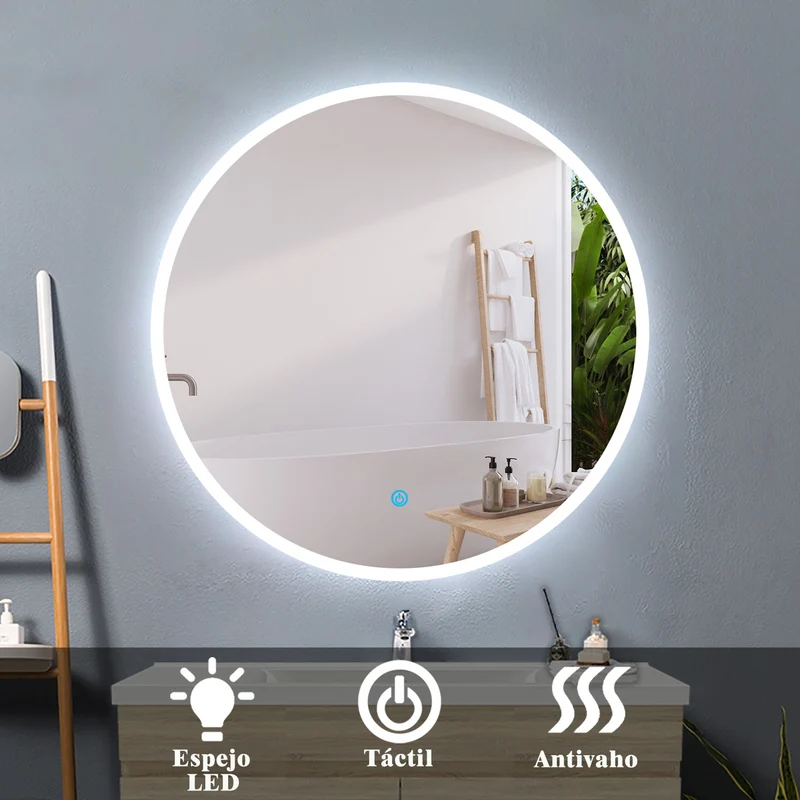 Aica Espejo redondo de baño LED 90/100/120cm,antivaho,interruptor táctil