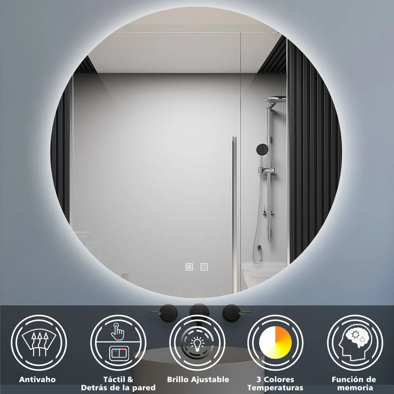 Espejo de baño redondo LED , antivaho, luz tricolor regulable, función memoria