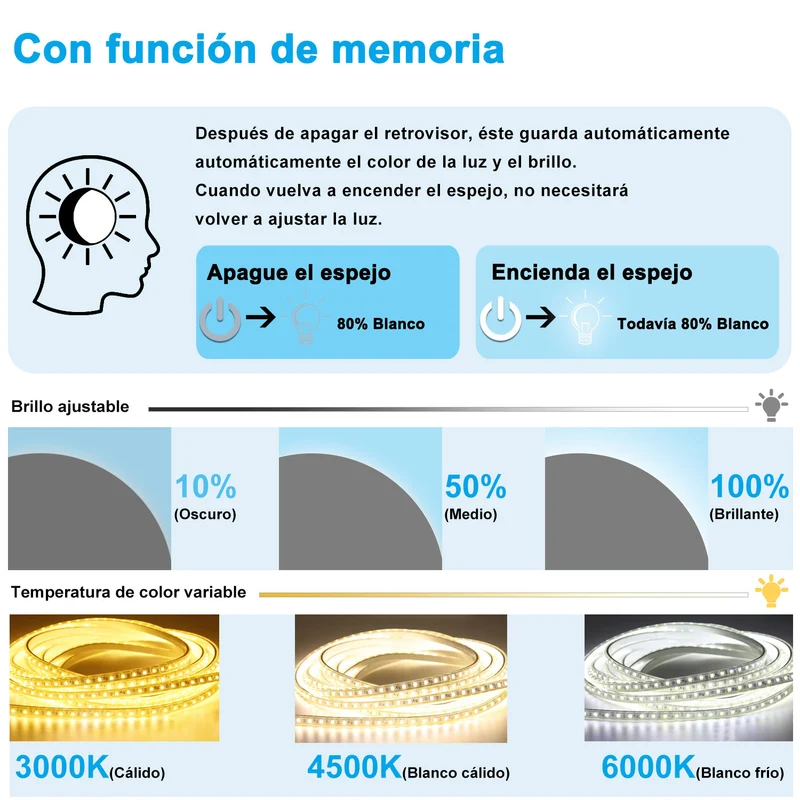 Espejo de baño redondo LED , antivaho, luz tricolor regulable, función memoria