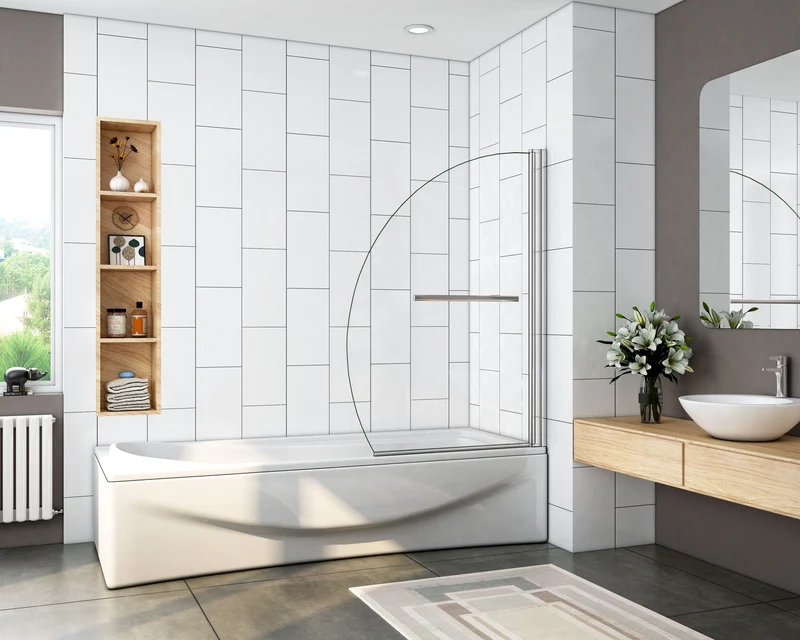 liquidacion Mampara de bañera en forma media luna, vidrio transparente templado con tratamiento antcial 8mm