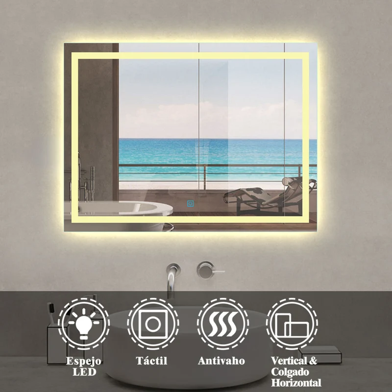 Espejo de Baño con Iluminación LED(Brillo LED Envolvente) Espejo de Pared con Interruptor Táctil ,Antiniebla,Luz cálida 3800k