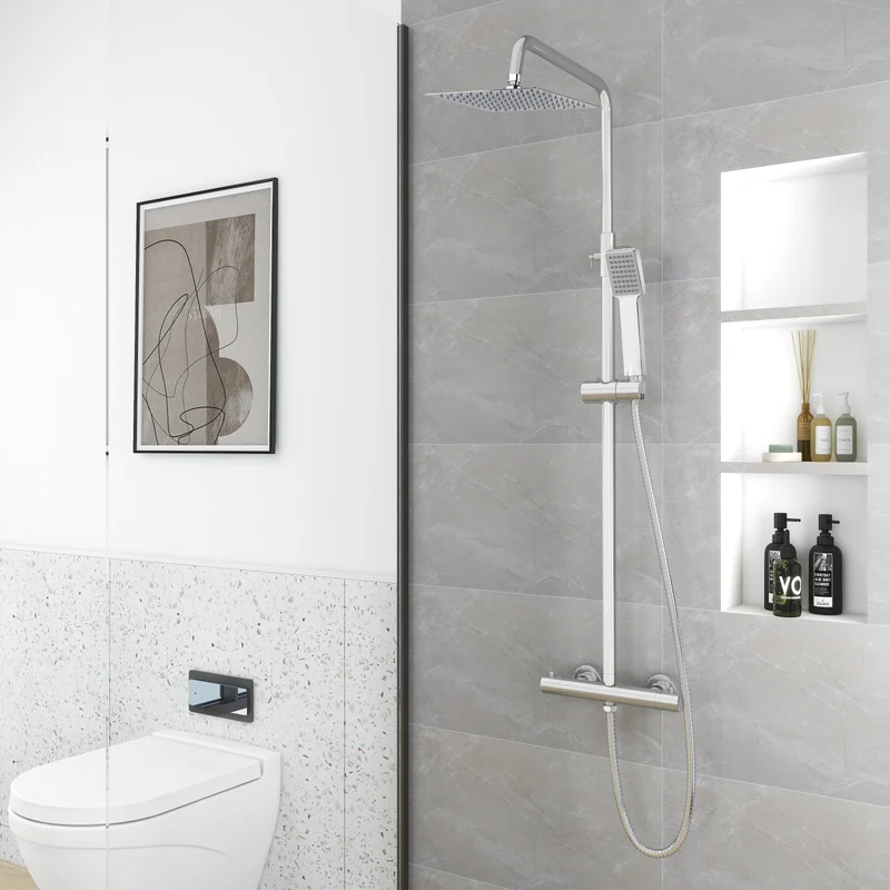 AICA Columna de Ducha con Termostato 38? Alcachofa Cuadrada Ángulo flexible, Altura 80-116cm, Cold Touch Protección