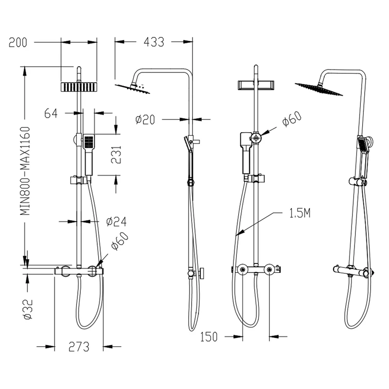 AICA Columna de Ducha con Termostato 38? Alcachofa Cuadrada Ángulo flexible, Altura 80-116cm, Cold Touch Protección
