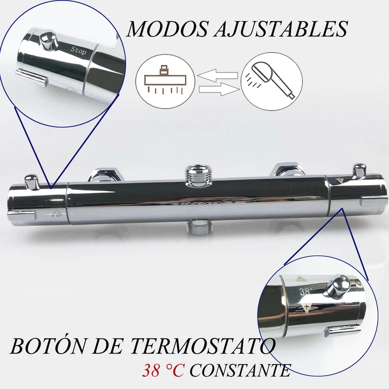 AICA Columna de Ducha con Termostato 38? Alcachofa Cuadrada Ángulo flexible, Altura 80-116cm, Cold Touch Protección