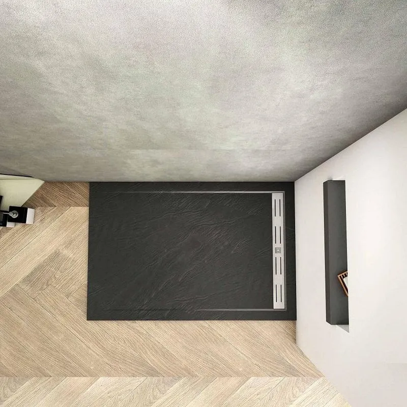 Plato de Ducha Rectangular extraplano RESINA PIZARRA GEL COAT NEGRO, Válvula incluida, Antideslizante