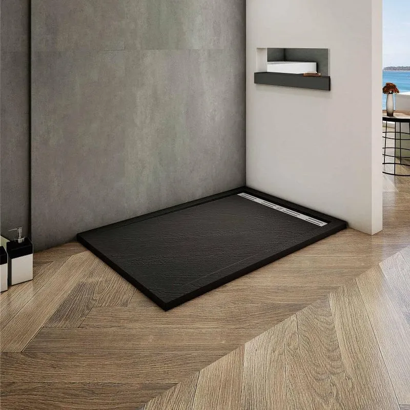 Plato de Ducha Rectangular extraplano RESINA PIZARRA GEL COAT NEGRO, Válvula incluida, Antideslizante
