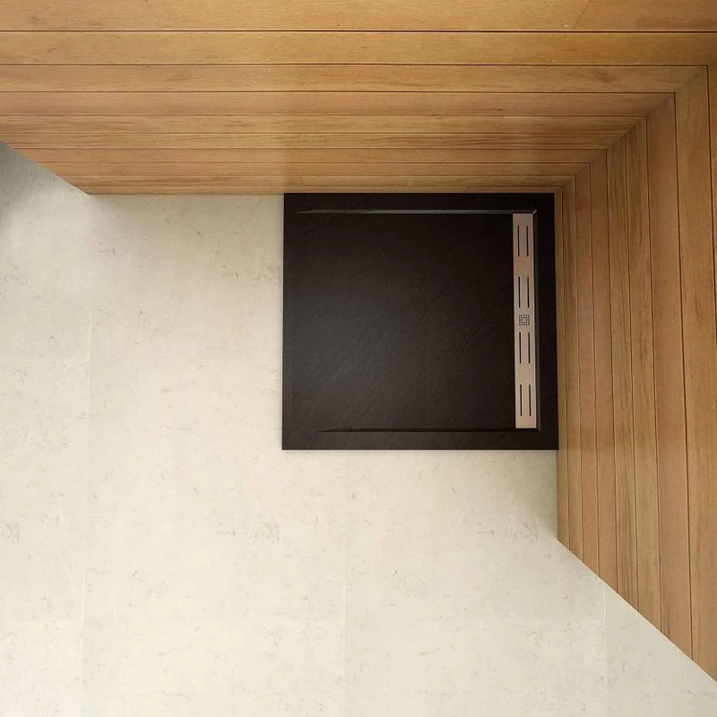 Plato de Ducha Rectangular extraplano RESINA PIZARRA GEL COAT NEGRO, Válvula incluida, Antideslizante