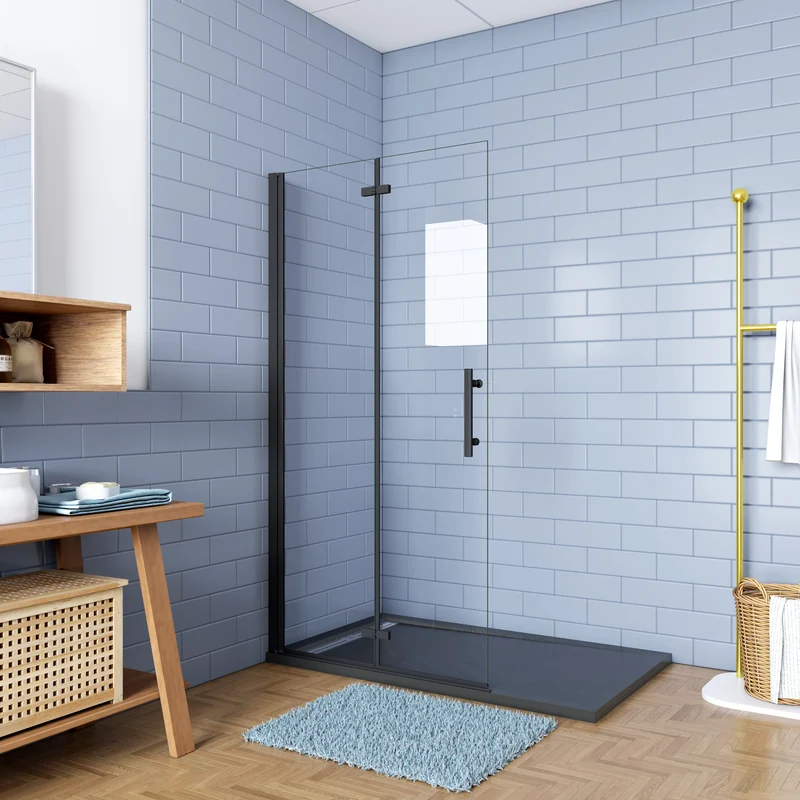 Walk in 2 hojas plegables baño con perfil negro mate ,estilo industrial, 5 mm cristal templado, Easyclean
