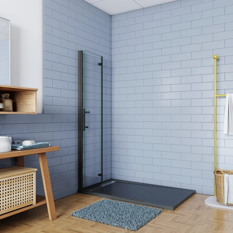 Walk in 2 hojas plegables baño con perfil negro mate ,estilo industrial, 5 mm cristal templado, Easyclean