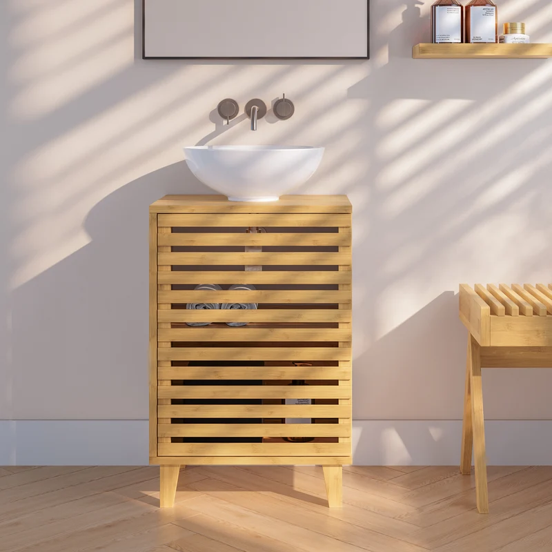 Mueble para debajo del lavabo Iveland con puerta bambú 60x40x30cm - Natural [en.casa]