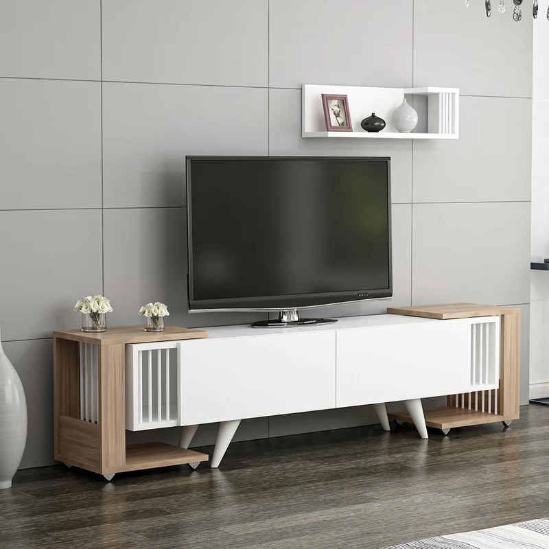 Mesa de televisión con estantería y 2 mesas auxiliares Glostrup en aspecto roble / blanco [en.casa]