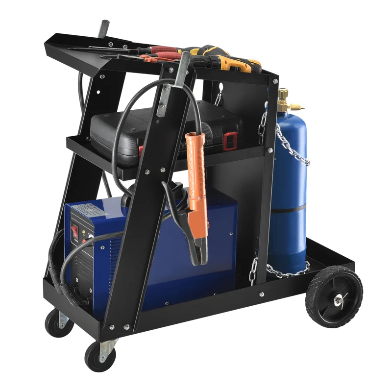 Carro para soldadura para equipos de soldadura con 3 compartimentos de almacenamiento y soporte para botellas de gas pro.tec