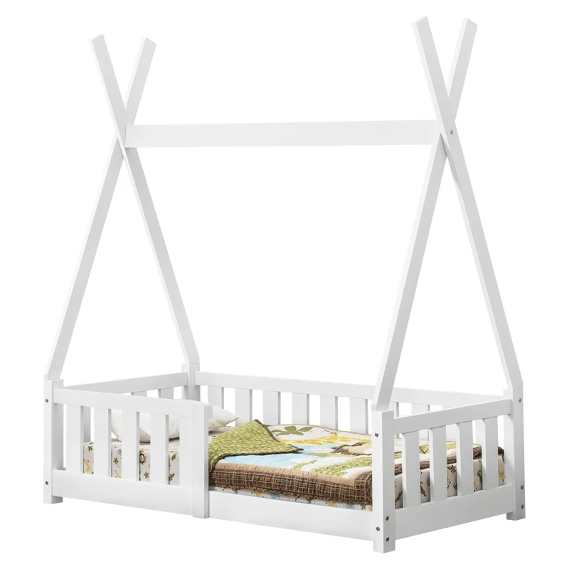 Cama infantil Tipi Helsingborg con reja de seguridad pino 140x70cm - Blanco mate [en.casa]