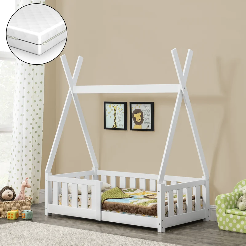 Cama infantil Helsingborg con colchón diseño tipi pino 140x70 cm - Blanco mate [en.casa]