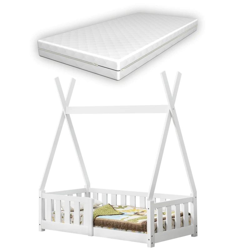 Cama infantil Helsingborg con colchón diseño tipi pino 140x70 cm - Blanco mate [en.casa]